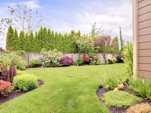 A decorated lawn with a variety of flowers and shrubs